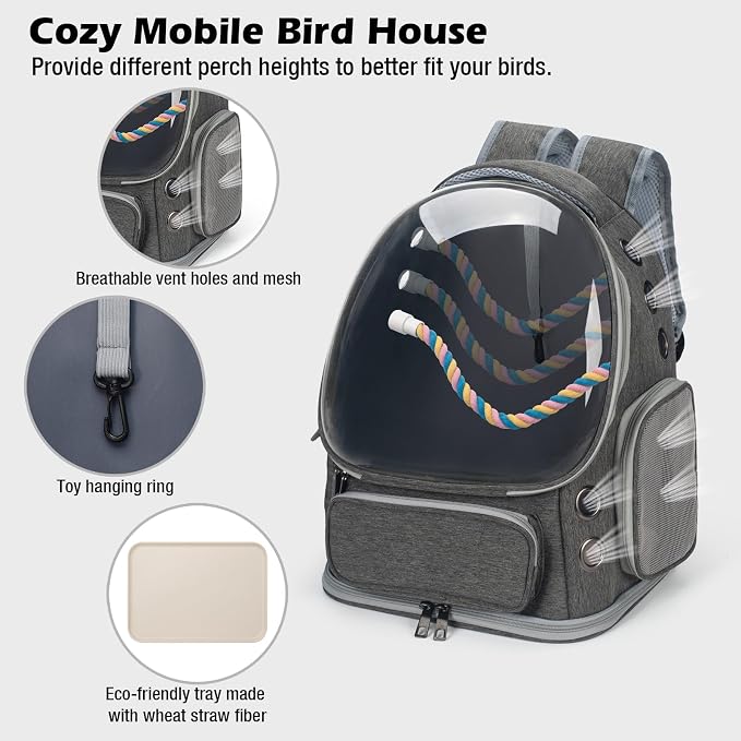Bird Backpack Carrier Travel Cage with Perch, Tray and Breathable Clear Window, Bird Travel Cage for Cockatiel Caique Conure Quaker, for Vetting Camping Hiking (Grey)