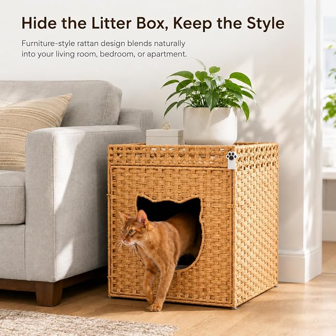 Handwoven Rattan Cat Litter Box Enclosure for Large Litter Box, Includes 1 Litter Mat & 2 S-Hook Attachments, Furniture-Grade Hidden House for Living Room, Bedroom, 24.6"x24"x19.88", Natural