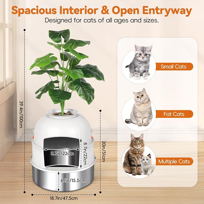 Hidden Cat Litter Box Enclosure with Artificial Plant, Stainless Steel Litter Box Furniture, Decorative Round Planter Includes Scoop, Pebbles, Carbon Filter, Easy to Clean (Beige)