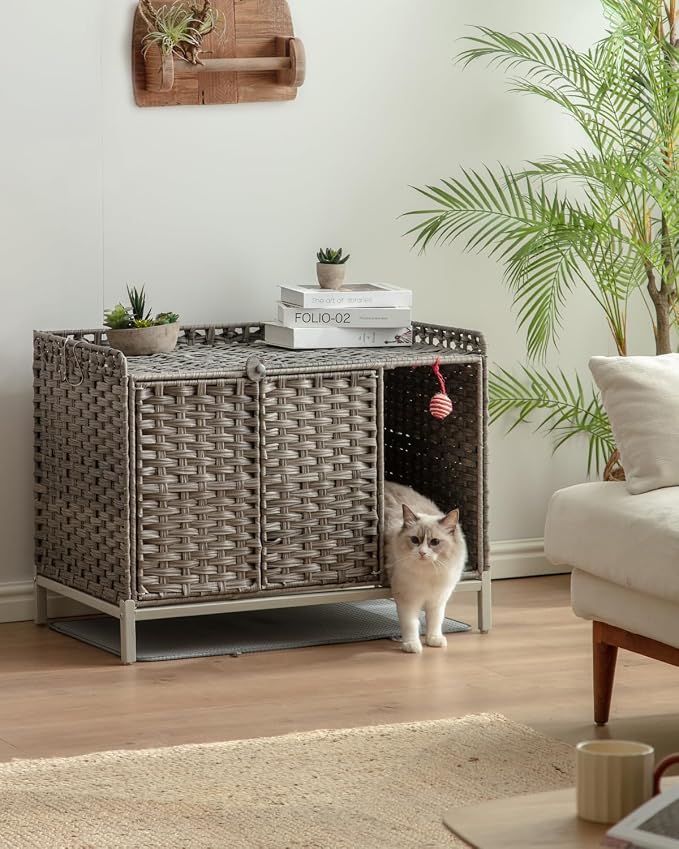 SETVSON Cat Litter Box Enclosure Furniture with Divider, Handwoven Rattan Litter Box with Mat, 31.2 x 19.6 x 24.2 Inches, Metal Heightened Feet, Hidden Cat House for Living Room, Bedroom (Gray)