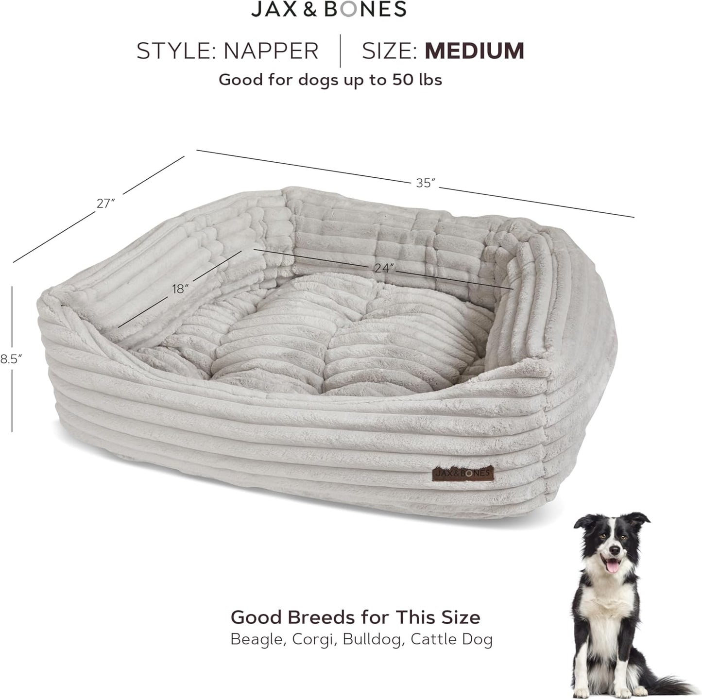Jax & Bones Dog Napper - Luna Grey Machine Washable Bed for Dogs - Extra Heavy Duty Bolstered Sides - Medium Grey Dog Mat | 35 x 27 Inches