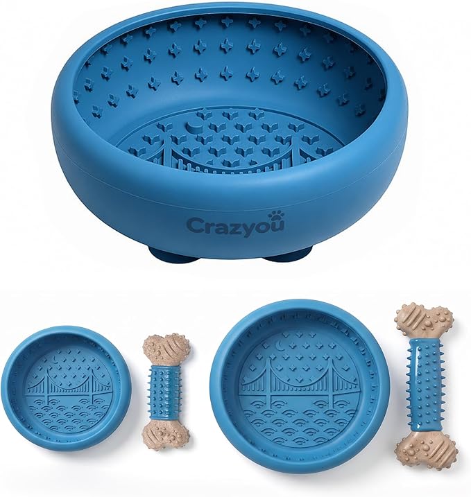 Dog Lick Bowl with Bone Chew Toy, BPA Free Silicone Lick Mat for Dogs, Slow Feeder Dog Bowl with Strong Suction, Dog Freezer Bowl for Anxiety Relief, Paw Calm, Dishwasher (Blue, L)