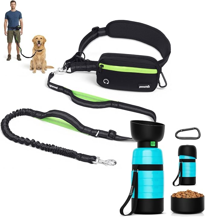 Pecute Hands-Free Dog Walking Belt Bundle: Shock-Absorbing Bungee Leash + 22oz Portable Water Bottle with Food Container, for Running Hiking Training