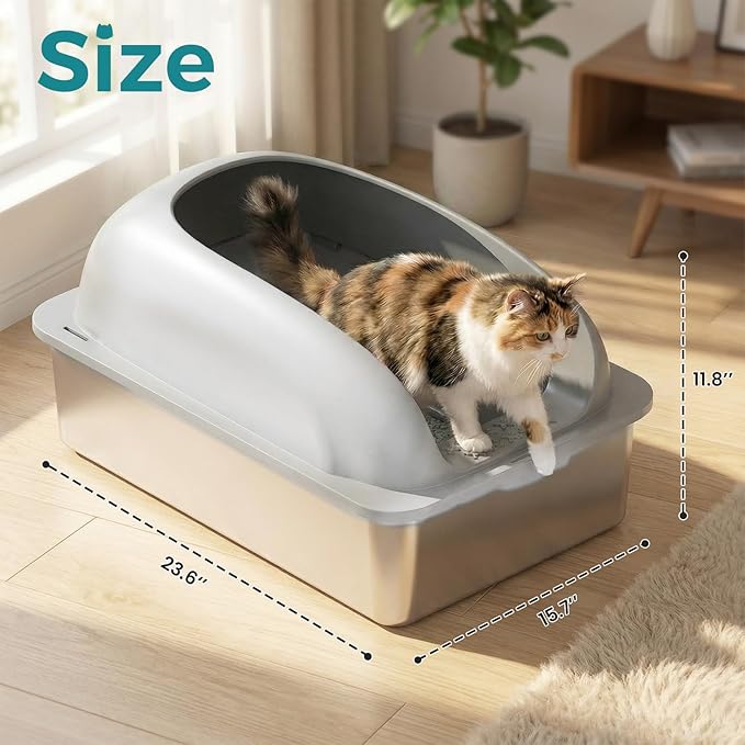 OLIXIS Stainless Steel Cat Litter Box with Lid, Large Cat Litter Box for Big Cats, High Wall Sides, Anti-Urine Leakage, Easy Cleaning, Scoop and Mat Included, Easy Cleaning, Light Gray