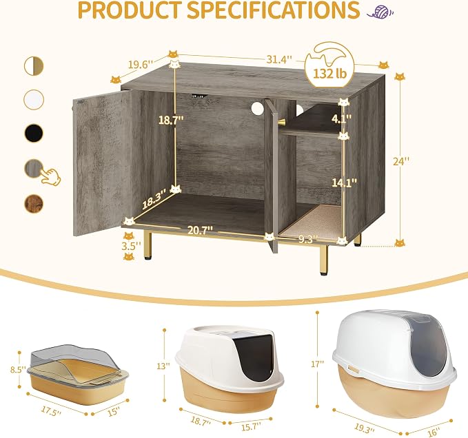 Hzuaneri Cat Litter Box Enclosure Enclosed, Hidden Litter Box Cabinet Furniture with Storage, Wooden Indoor Cat House Large, Modern End Table for Living Room Entryway, Greige and Gold CB01505G