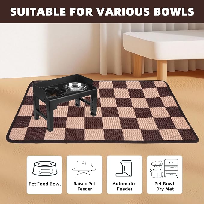 PUPTECK Dog Food Mat, Absorbent Pet Cat Feeding Mat for Food and Water Bowls, Anti-Slip Dog Placemat for Floors Waterproof, Pet Supplies Accessories, Brown & Khaki Checkered S