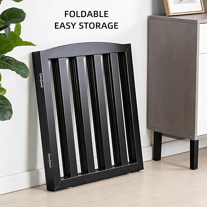 ZJSF Foldable Freestanding Indoor Dog Gate for House Wood White Long Pet Gates Dog Fence for Stairs Puppy Gates for Hallways, Puppy Gate,Support Feet Included, Black, 24 "Height-6 Panels