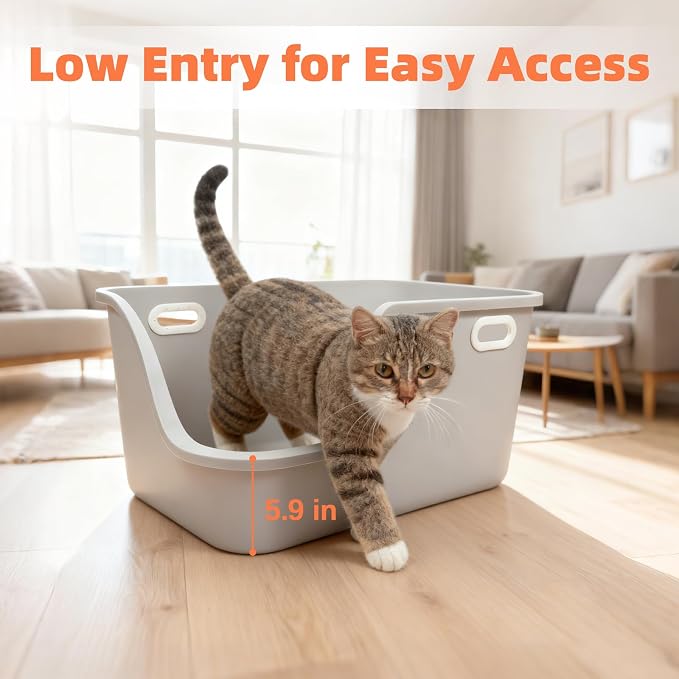 SpaceTime Extra Large Cat Litter Box with High Sides,Jumbo Low Entry Kitty Litter Pan with Portable Handles,XL Multi Cat Boxes for Indoor Kittens,Senior & Big Cats,Anti-Splashing,Easy to Clean (Grey)