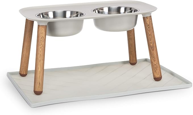 Messy Mutts Silicone Non-Slip Dog Bowl Mat with Raised Edge and Two Sides Reinforced with Metal Rods | Dog/Cat Bowl Mat with Spill-Proof Lip | Large, 24” x 16” | Light Grey