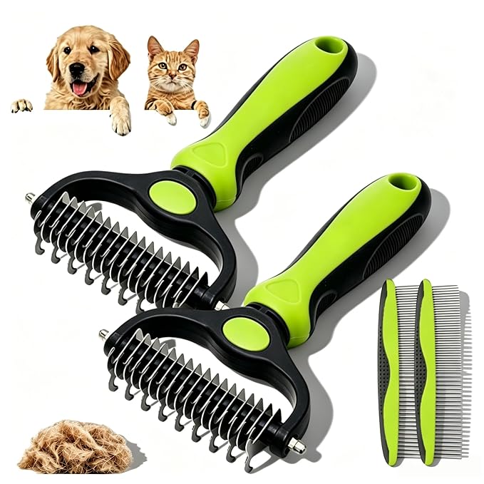 Double-sided Deshedding Pet Brush - Dual-Sided, Ergonomic & Gentle for Dogs & Cats, 2027 New Dematting Comb for Dogs Cats for Matted Fur (2 * Green)
