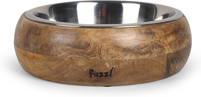 Fuzzl Titan Mango Wood & Stainless Steel Bowl 9.5 Inch Large - Natural Dog Bowl for Indoors and Outdoors with Rubber Base