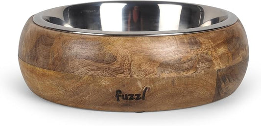 Fuzzl Titan Mango Wood & Stainless Steel Bowl 9.5 Inch Large - Natural Dog Bowl for Indoors and Outdoors with Rubber Base