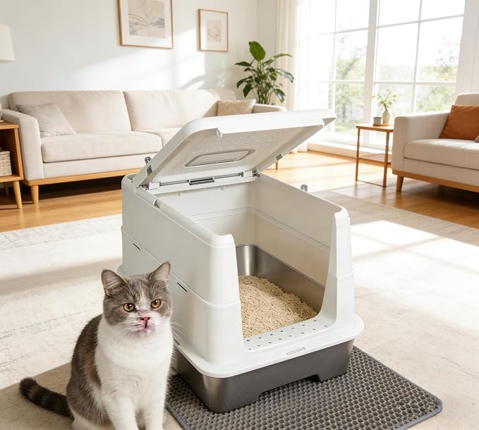 Enclosed Stainless Steel Cat Litter Boxs 21" L x12.2 W x 16.5" H with Litter Mat & Scoop.