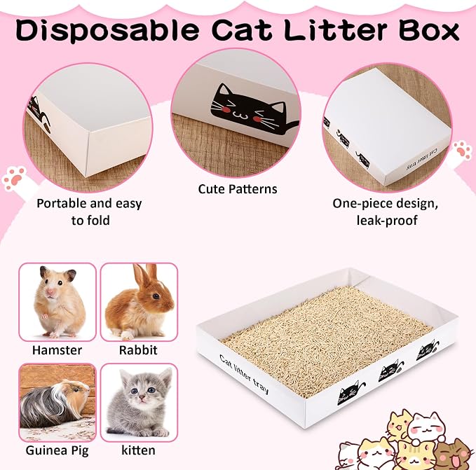 Amyhill 30 Pack Disposable Cat Litter Box 13.8x10x2in Foldable Paper Kitty Trays Bulk Portable Water Proof Cardboard Boxes for Cats Rabbits Guinea Pig Hamster Pets Travel Indoor Supplies (White)