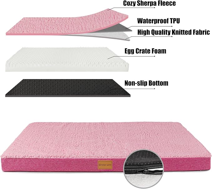 Patas Lague Orthopedic Dog Bed Large Sized Dog 36''X24'',Soft Waterproof Egg Crate Foam Medium Pet Crate Beds Mat with Removable Washable Cover and Non-Slip Bottom, Pink