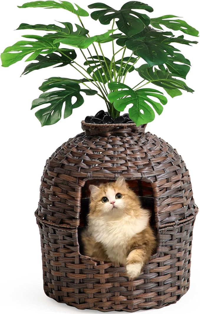 SETVSON Cat Litter Box Plant Furniture Enclosure, Hidden Handwoven Rattan with Cat Litter Box and Artificial Plants, Odor Control Filter, Real Stones in Living Room, Bedroom, Corner (Brown)