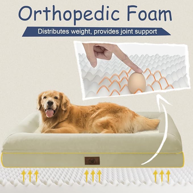 Yiruk XL Orthopedic Dog Bed for Large Dogs, Extra Large Waterproof Dog Bed with Removable Washable Cover, 4-Sides Bolster Support Pet Couch Sofa with Non-Slip Bottom, Beige