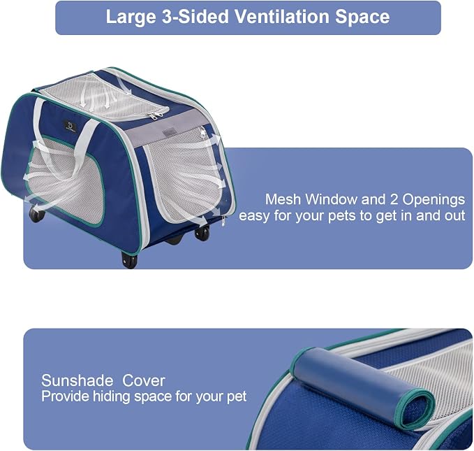 A 4 Pet Dog Carrier with Wheels,Foldable Rolling Pet Carrier Up to 33 LBS with Removable Base, Extendable Handle & 4-Wheels Design, Mesh Ventilation Windows and Safety Rope,Navy Blue