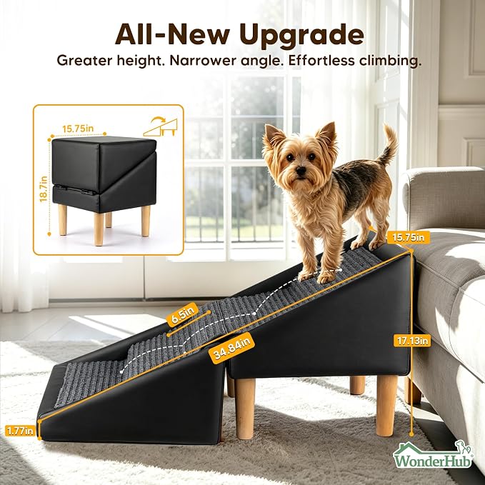 2-in-1 Foldable Dog Stairs & Ramp,Non-Slip, 17.13" H,(Black) | For small, puppy, senior, and injured dogs – easy access to couch or bed
