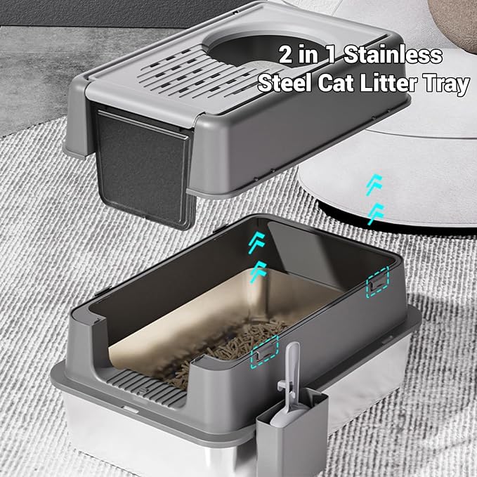 Stainless Steel Cat Litter Box with Dual Entry, Large 24”Enclosed Pan with Front Door & Top Entrance, 180° Flip-Top Lid for Easy Cleaning & Odor Control, for Large Cats & Multi-Cat Homes-Deep Black