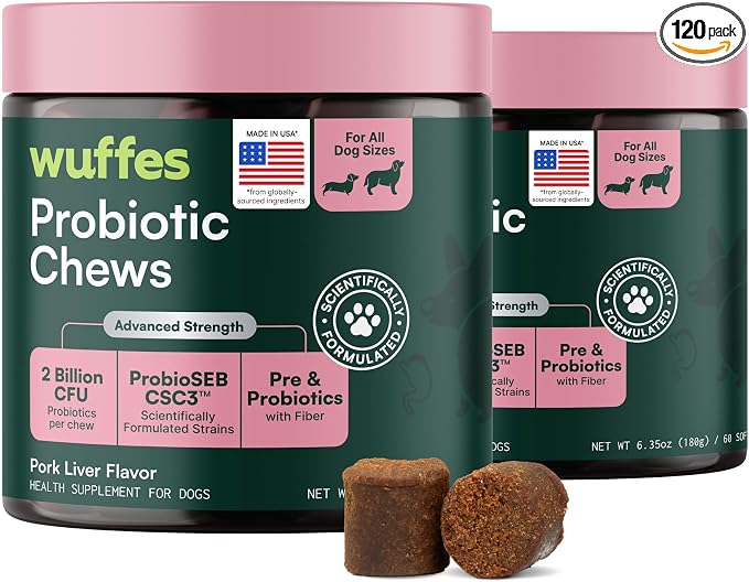 Wuffes Daily Probiotic for Dogs - Supports Digestive Health, Gut Balance, and Immune System - with Prebiotics, Marshmallow Root, and Pumpkin Powder (120 Chews (Pack of 2))