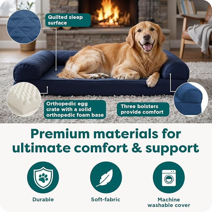 Furhaven Orthopedic Dog Bed for Large/Medium Dogs w/ Removable Bolsters & Washable Cover, For Dogs Up to 55 lbs - Plush & Velvet Waves Perfect Comfort Sofa - Celadon Green, Large