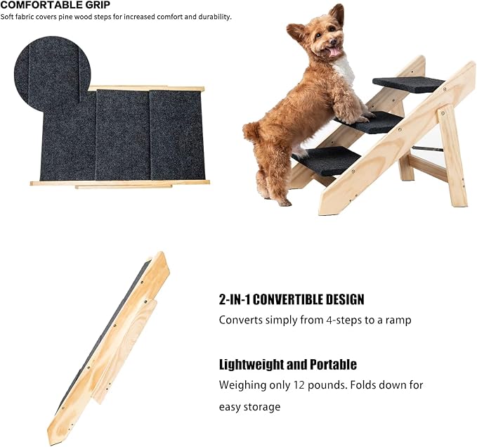 Wood Pet Stairs/Steps, 2-in-1 Foldable Dog Steps for Bed, Sofa, Couch and Cars, 3 Levels Dog/Cat Ladder & Ramp for Small Medium Large Pet, Wooden Frame Support Up to 110 lbs, Light Yellow