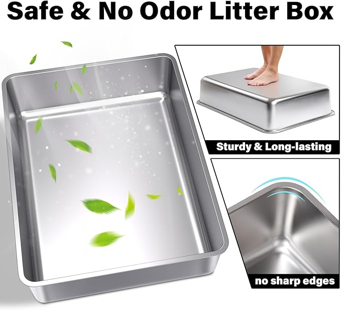 XXXL Stainless Steel Litter Box, Steel Litter Box 28" X 20" X 6" No Smell, Extra Large Metal Litterbox for Big Cat, Multiple Cats, Non Stick, Easy Cleaning