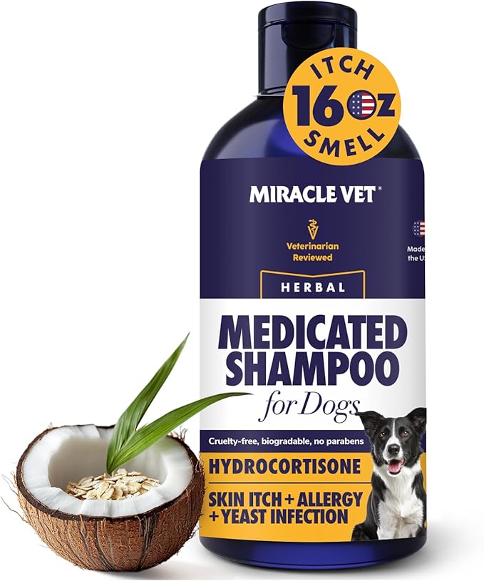 Miracle Vet Medicated Dog Shampoo for Itchy Skin Relief - Antifungal for Dog Allergy Relief, Yeast Infection, Hot Spot & Dry Skin Anti-Itch Treatment Wash - Hydrocortisone (16 oz)