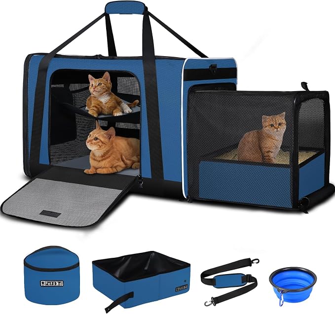 Petskd Side Expandable Extra Large Cat Carrier with Litter Box Area, 24"x17"x17" Soft-Sided Pet Carrier for 2 Cats Under 55 lbs with Zipper Locks for Car Travel(Prussian Blue)
