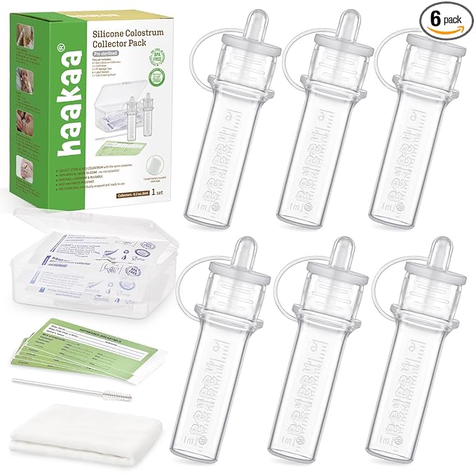 haakaa Silicone Colostrum Collector (0.2oz./6ml,6pcs) Pack - Collect, Store & Feed Colostrum Ready-to-Use Pack, Reusable Colostrum Syringes Set for Liquid Gold, Include Cloth Wipe and Storage Case