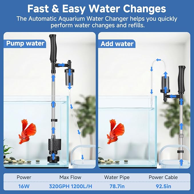 AQQA Aquarium Gravel Vacuum Cleaner, 8-in-1 Electric Fish Tank Cleaner with Automatic Water Change, 320GPH Strong Suction, Anti-Clog Gravel Barrier, Sand Washer, Vacuum Cleaner for 14-30in Tank Height