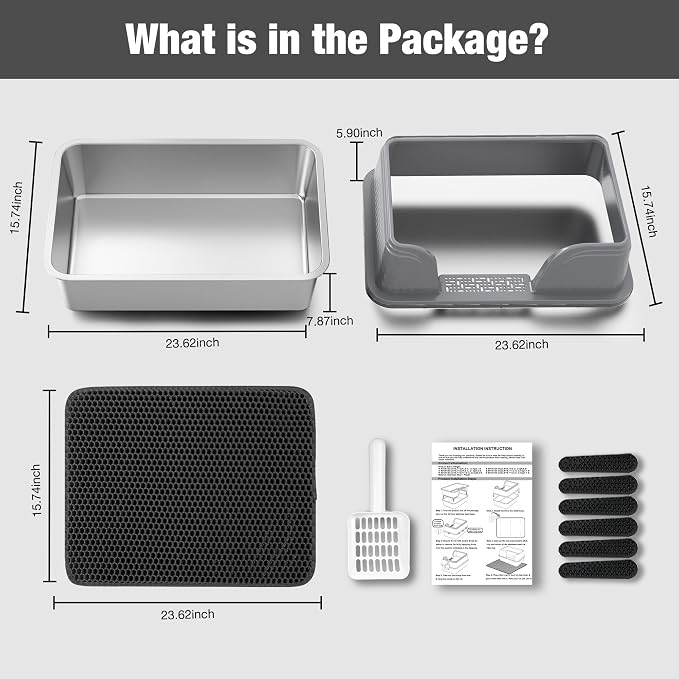 Suhaco XXXL Stainless Steel Litter Box with High Sided Deep Side Entry Deep Extra Large Metal Litter Box Included Mat & Scoop Anti-Urine Leakage Cat Litter Boxes for Big Cats (Grey XXXL)
