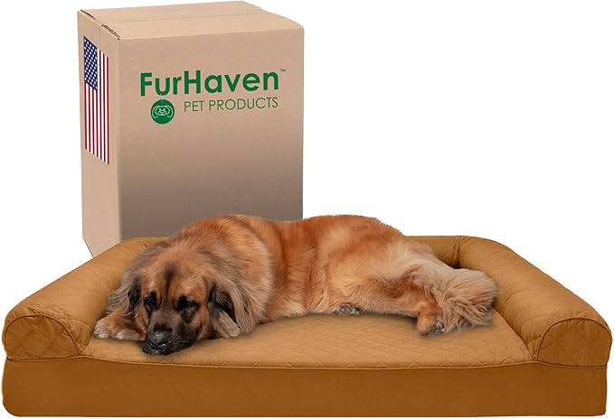 Furhaven Memory Foam Dog Bed for Large Dogs w/ Removable Bolsters & Washable Cover, For Dogs Up to 125 lbs - Quilted Sofa - Toasted Brown, Jumbo Plus/XXL