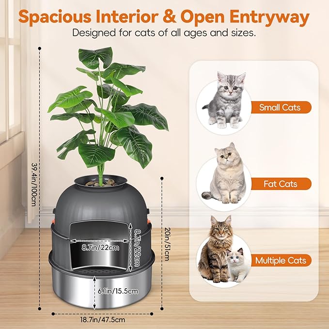 Three-Section Hidden Cat Litter Box, Stainless Steel Litter Box, Cat Litter Box Hidden with Faux Plant & Scoop, Vented Filter for Odor Control, Hidden Litter Box Furniture, Home Decor (Grey)
