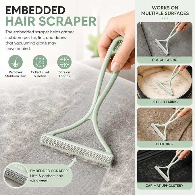 GOOGO Pet Hair Removal Tool Kit, 3 in 1 Carpet Rake Set with Black Long Handle Brush, Mint Green Scraper and Scalable Pet Broom Glove for Carpets, Couches and Cars