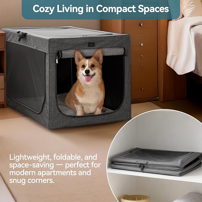 PETSFIT Portable Dog Crate for Large Dogs, – 40" Soft Dog Travel Crates with Lockable Zippers & Thicken Mat, Adjustable Patented Spiral Steel Frame, Collapsible Kennel for Indoor & Outdoor