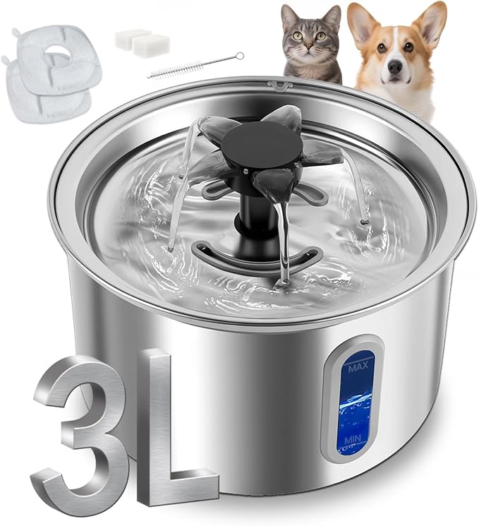 3L/101oz Stainless Steel Cat Water Fountain for Indoor Use - Ultra Quiet Automatic Cat Fountain for Drinking, BPA-Free Pet Water Dispenser for Cats/Small Dogs LED Window (2 Filters 2 Sponges)