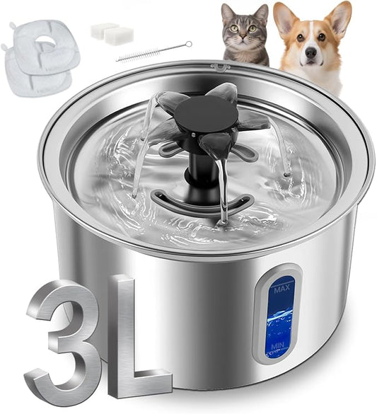 3L/101oz Stainless Steel Cat Water Fountain for Indoor Use - Ultra Quiet Automatic Cat Fountain for Drinking, BPA-Free Pet Water Dispenser for Cats/Small Dogs LED Window (2 Filters 2 Sponges)