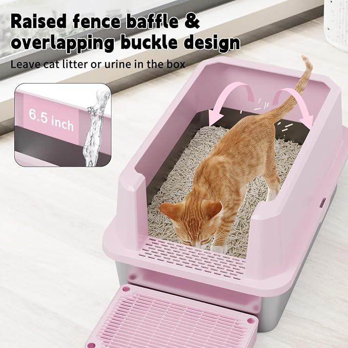 RIZZARI Pink Large Heavy-Duty 304 Stainless Steel Cat Litter Box - Open Pan with High Sides & Leak-Proof, Odor-Resistant & Easy Clean, Non-Stick Coating, for Big Cats in Apartments & Bathrooms