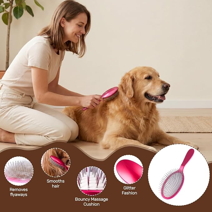 Slicker Brush for Dogs, Professional Pet Grooming Brush, 27mm Oval Stainless Steel Pin, Sparkle Glitter Handle, Anti-Static Round-Tipped Pins, Gentle Massage & Shedding Comb for Long Haired Dogs