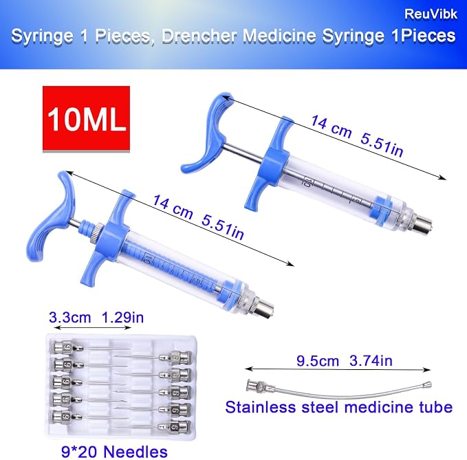2Pcs 10ML Livestock Syringe, Reusable Adjustable Goat Drench Syringe, with 1 Drench Nozzle 10 Needles, Suitable for Small Poultry And Birds Such As Chickens, Ducks, Cats, Dogs, Etc