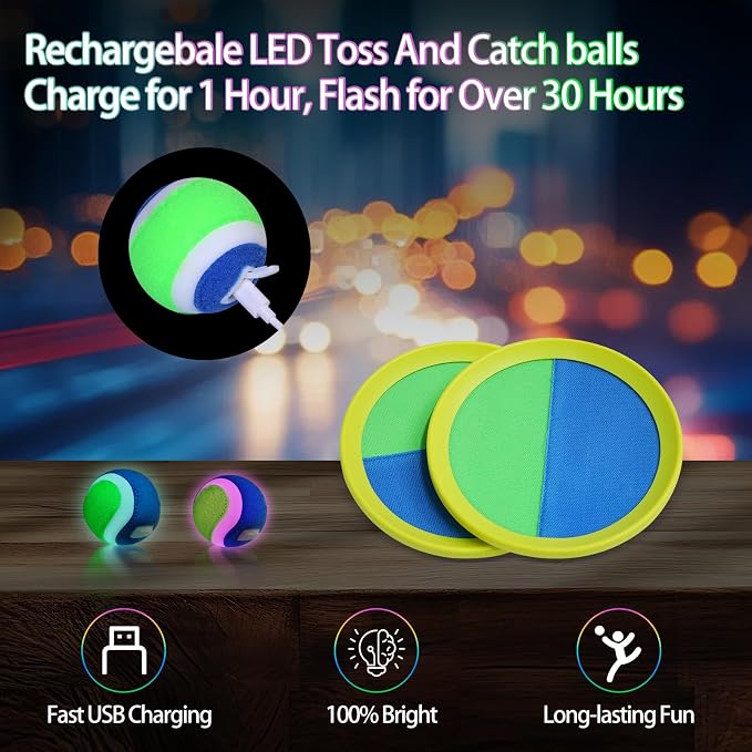 Toss and Catch Ball Game Set for Kids, Multicolor Light-Up Balls Glow in The Dark, Upgraded Outdoor Beach, Yard & Camping Toys for 3-12+ Year Old Boys & Girls Toddler, Holiday, Birthday Gift