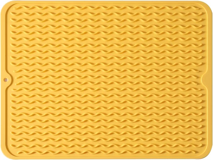MicoYang Silicone Dish Drying Mat — Quick-Dry Ridges Counter & Sink Pad, Heat-Resistant Trivet to 450°F, Non-Slip & Dishwasher Safe, Roll-Up Storage, 18 Colors & 9 Sizes (Yellow, 16"×12")