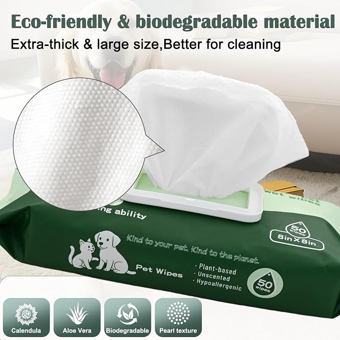 Pet Grooming Wipes for Paws and Butt Unscented Hypoallergenic Dog Wipes Gentle Earth-Friendly 50 PCS Cleaning Wipes for Puppies,Kittens & Senior Pets Deodorizing Waterless Bathing Wipes