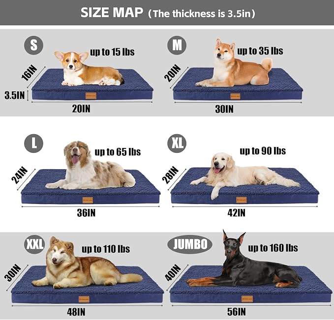 Patas Lague Orthopedic Jumbo Dog Bed for Large Sized Dog 56''X40'', Soft Waterproof Egg Crate Foam Large Pet Crate Beds Mat with Removable Washable Cover and Non-Slip Bottom, Navy Blue