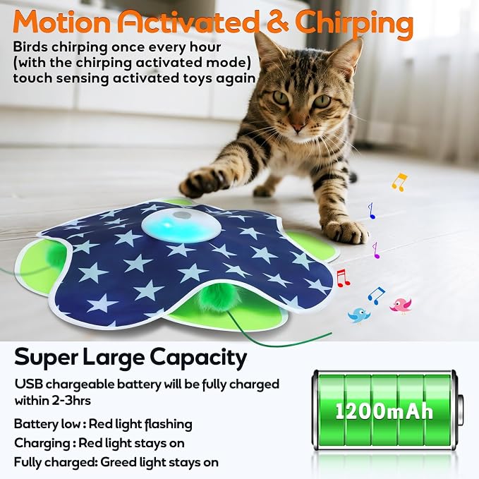 Oxawo Interactive Cat Toys with Moving Feather Concealed in Mat, Rechargeable Cat Exercise Toys for Bored Cats with Motion Activated, Mouse Squeaky