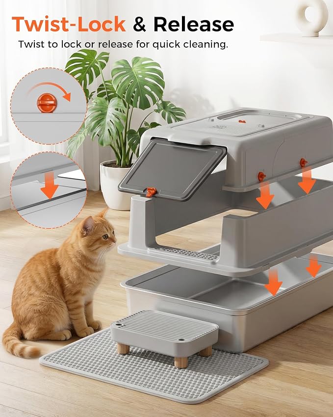 XXXL Stainless Steel Cat Litter Box with Lid, 27.5"×20.1"×17.3" Jumbo Enclosed Litterbox,Dual-Entry (Front Entry & Top Exit),High-Sided,Non-Stick,Odor Control,for Big Cats, with Mat,Scoop & Step,Grey
