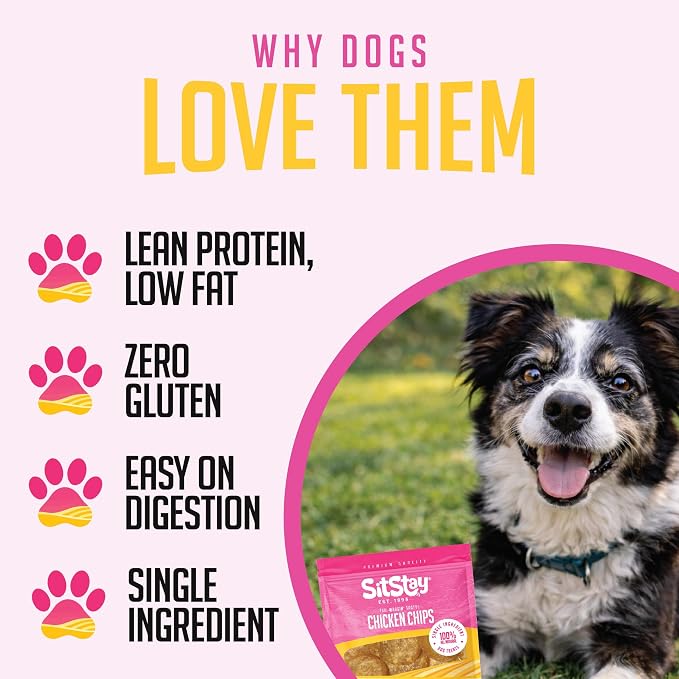 SitStay Chicken Chips Dog Treats, Chicken Chips for Dogs - Single Ingredient Dog Treats - Dehydrated, 80% Protein Low Fat - Training Rewards - All Breeds & Life Stages - Made in USA - 3 Travel Bags