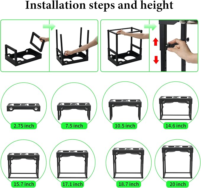 Elevated Dog Bowl Stand, 8.8 Lb Weight Capacity, Adjustable 8 Heights, Stainless Steel, Reduces Joint Stress, Easy to Use and Adjust, Anti-Skid Pads